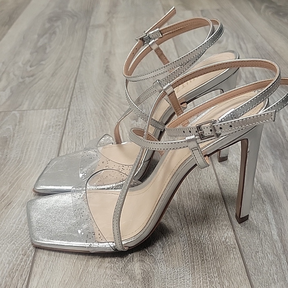 Schutz Size 9 1/2 Silver Aisha Leather & Vinyl Sandal NWT - Picture 7 of 11